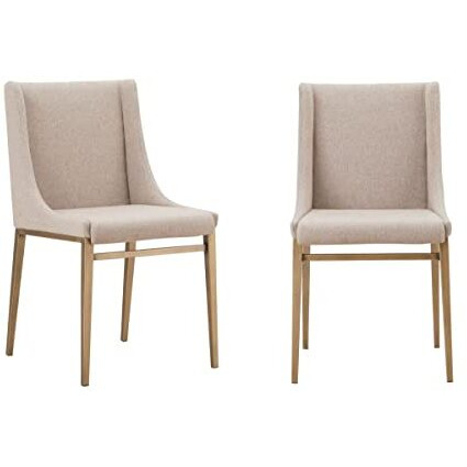 HomeRoots Fabric, Metal Set of Two Beige Brass Contemporary Dining Chairs