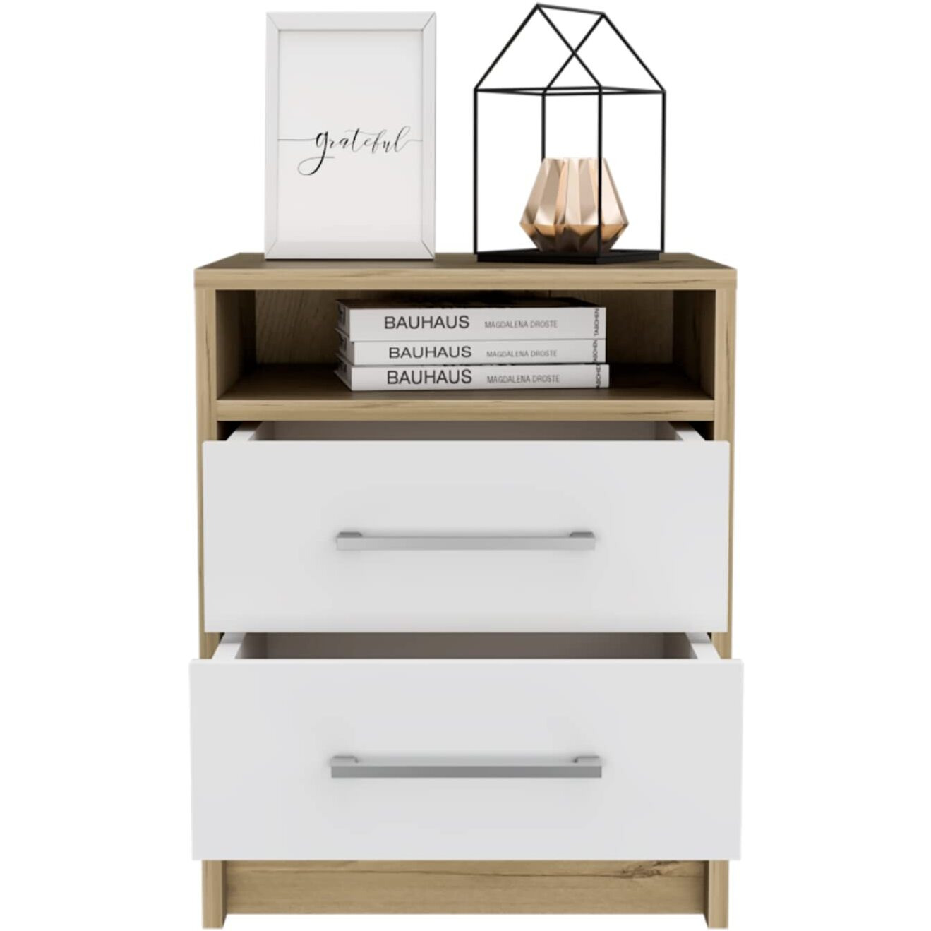 Nightstand 20  H, 2 Draers, Superior Top, Metal Handles, White/Light Oak