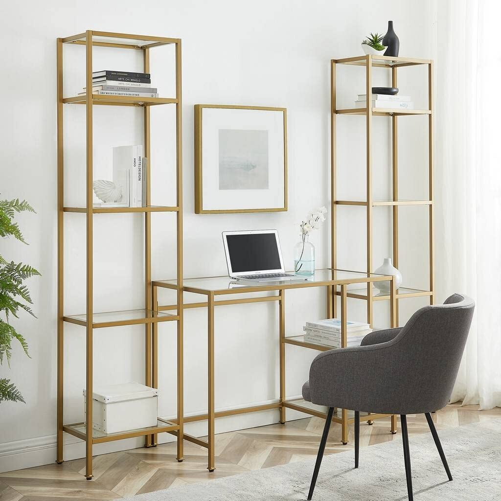 Crosley KF65005GL 78 x 20 x 73 in. Aimee Desk & Etagere Set - Desk & 2 Narrow Etageres Soft Gold - 3 Piece