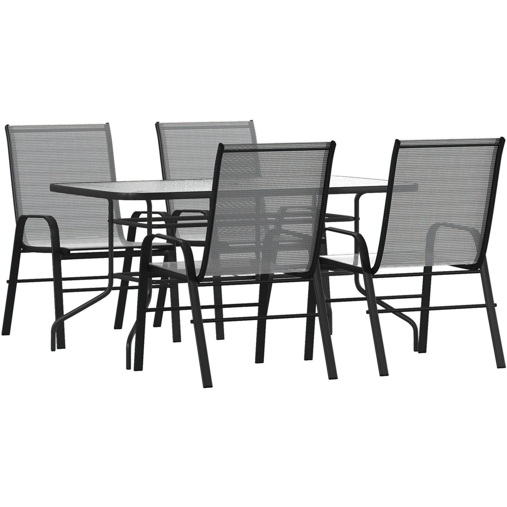 Flash Furniture Brazos 5 Piece Outdoor Patio Dining Set - 4 Gray Flex Comfort Stack Chairs - 55  Tempered Glass Patio Table with Umbrella Hole