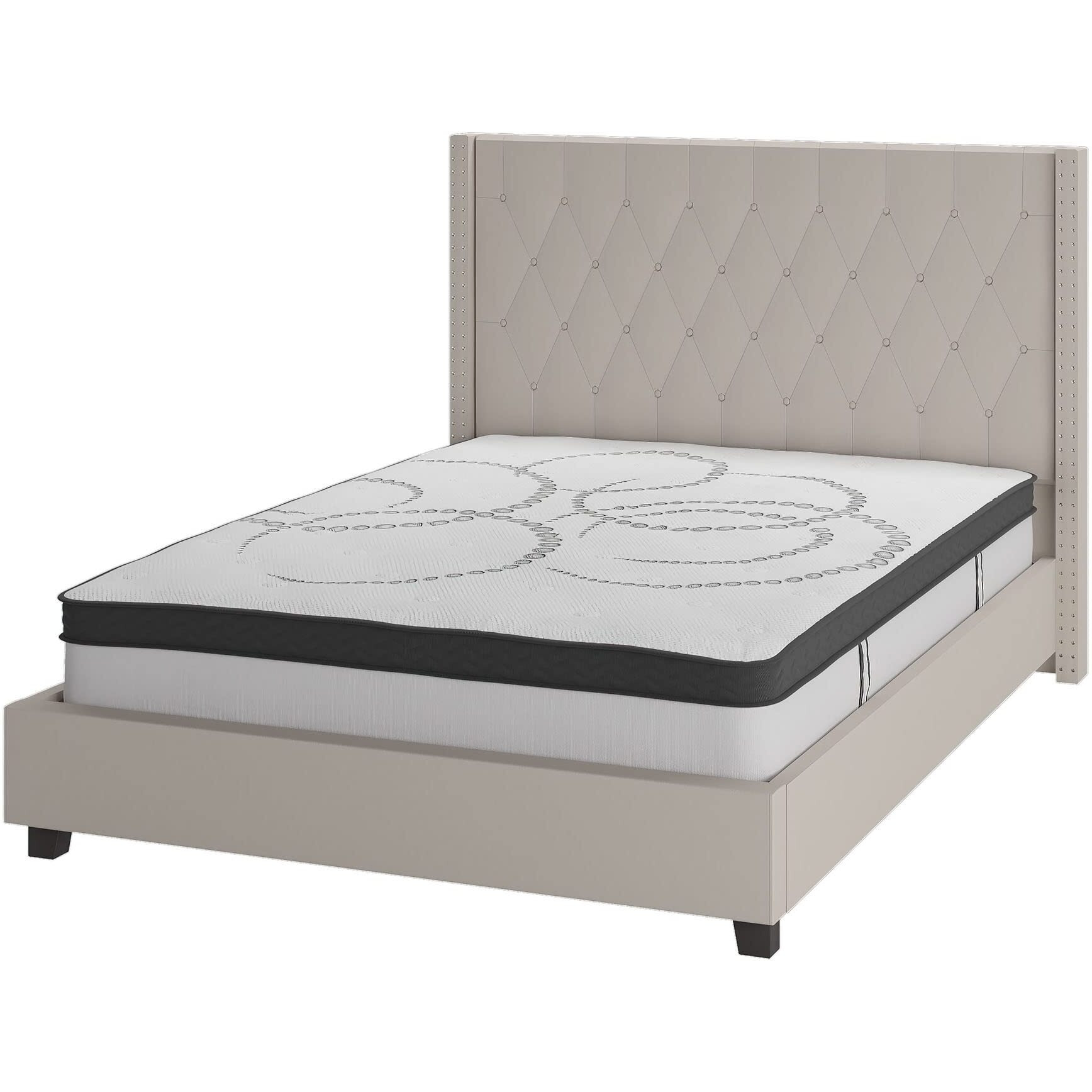 Flash Furniture Riverdale Tufted Upholstered Platform Bed/Mattress Set, Queen, Beige