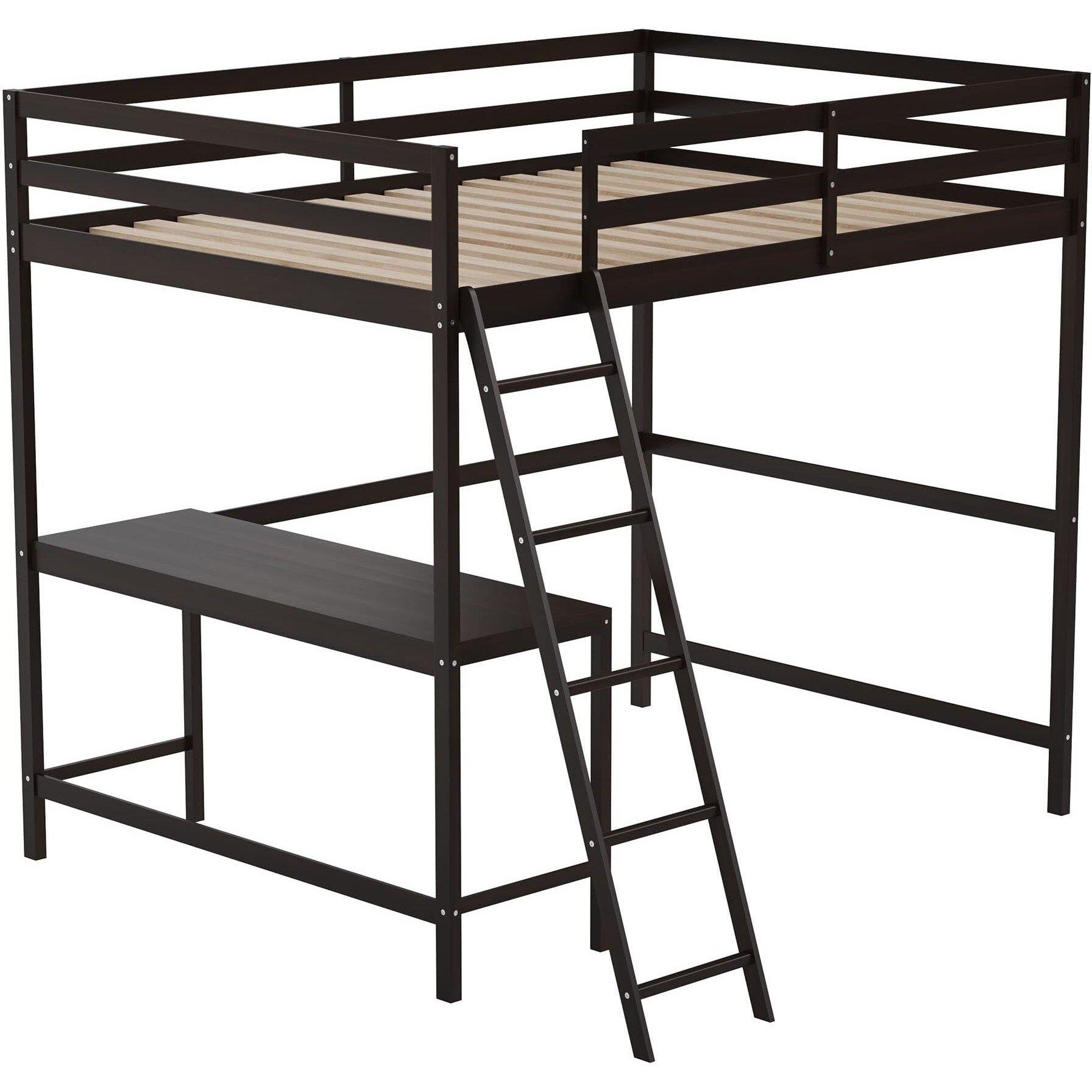 Flash Furniture Riley Loft Bed Frame ith Desk - Espresso Wood Slats - Full Size - Protective Guard Rails & Ladder - Kids and Teens - Space Saving Design