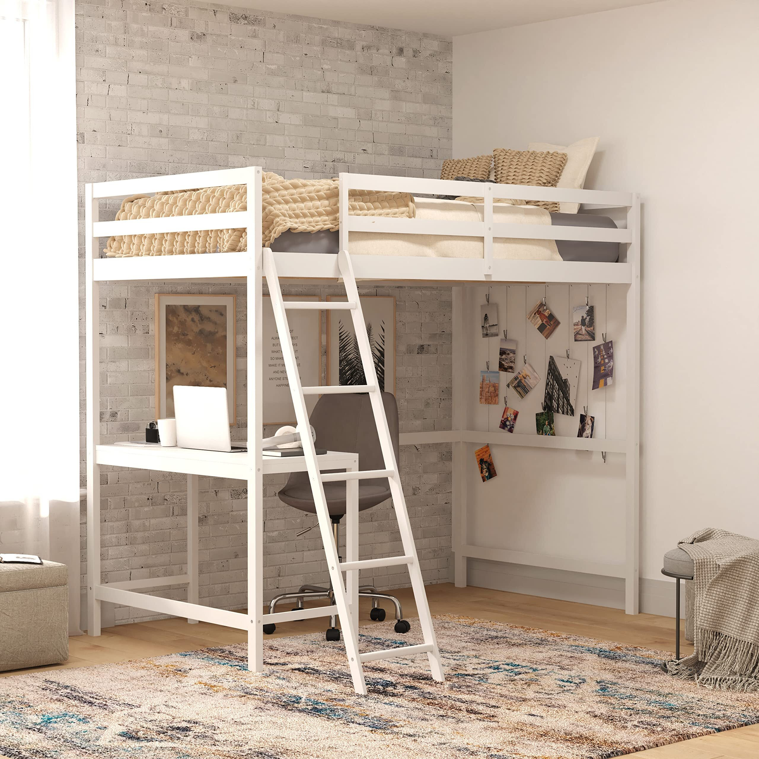 Flash Furniture Riley Loft Bed Frame with Desk - White Wood Slats - Twin Size - Protective Guard Rails & Ladder - Kids and Teens - Space Saving Design