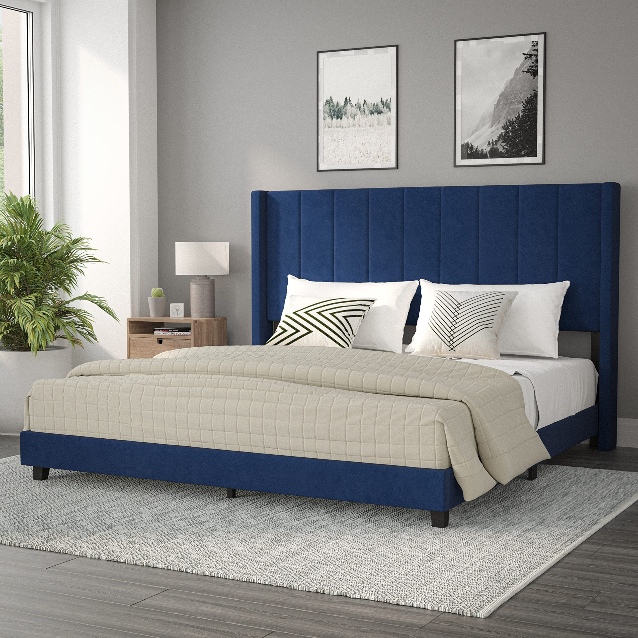 Flash Furniture Bianca Upholstered Platform Bed - Navy Velvet Upholstery - King - Wingback Headboard - Slatted Mattress Foundation - No Box Spring Needed