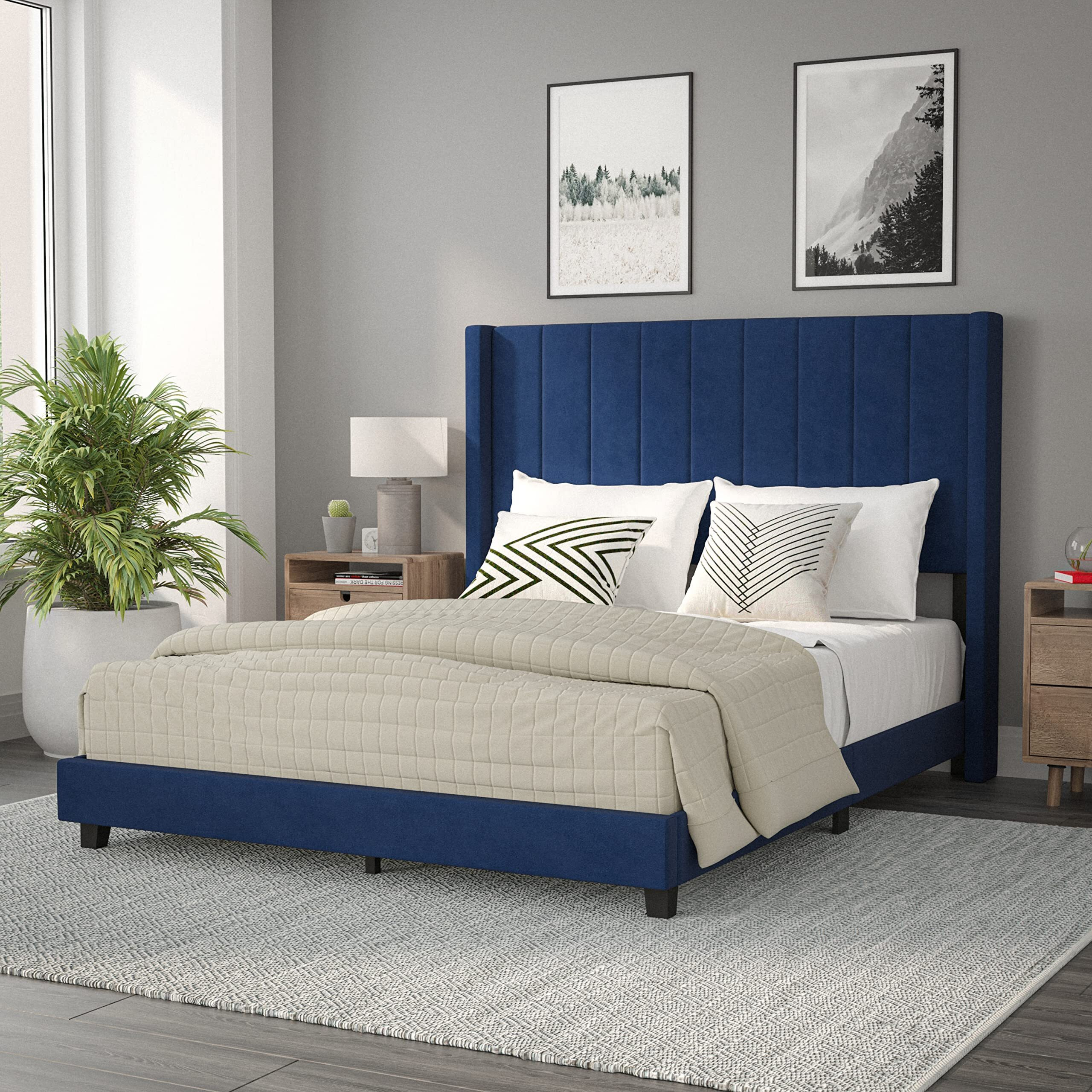 Flash Furniture Bianca Upholstered Platform Bed - Navy Velvet Upholstery - Queen - Wingback Headboard - Slatted Mattress Foundation - No Box Spring Needed