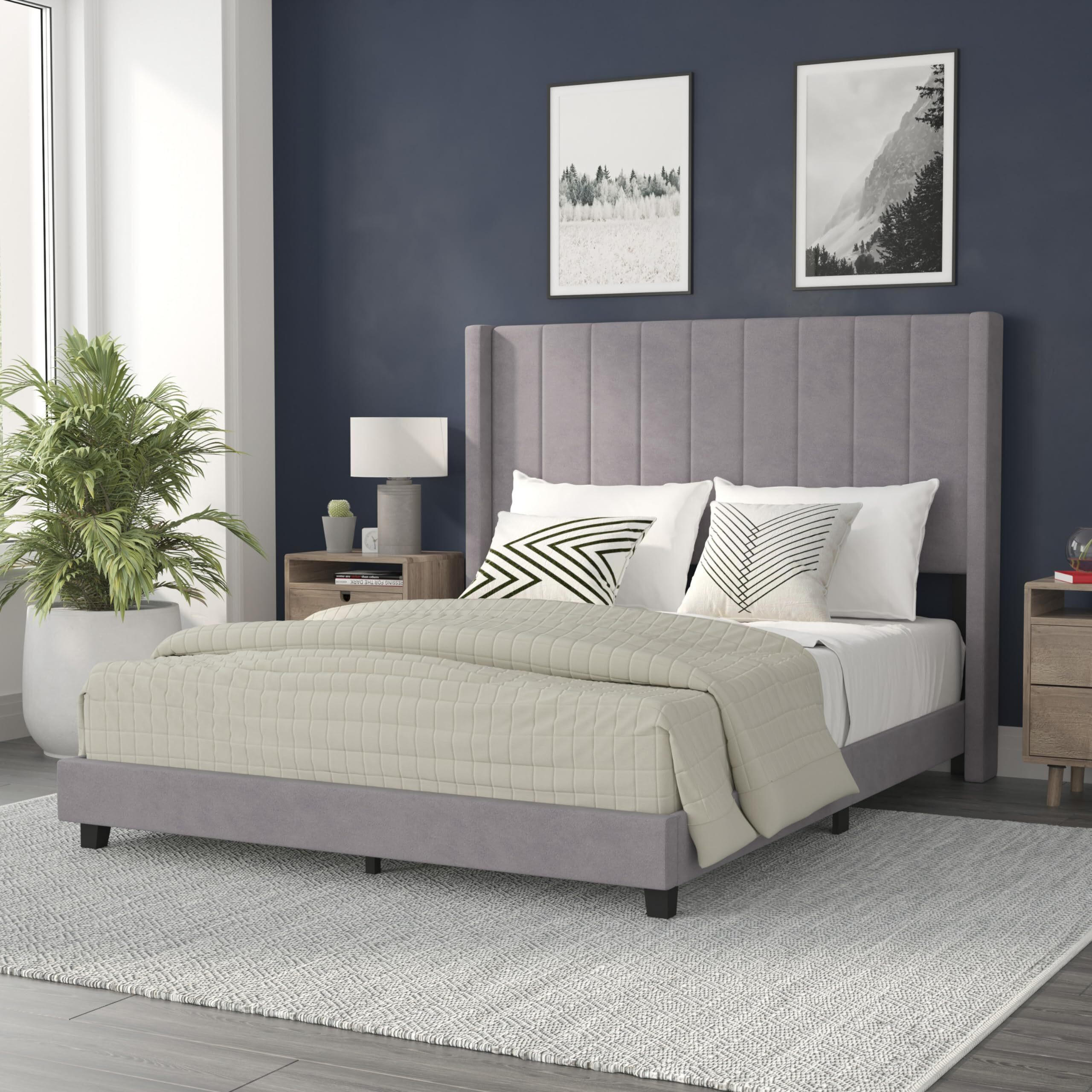 Flash Furniture Bianca Upholstered Platform Bed - Gray Velvet Upholstery - Queen - Wingback Headboard - Slatted Mattress Foundation - No Box Spring Needed