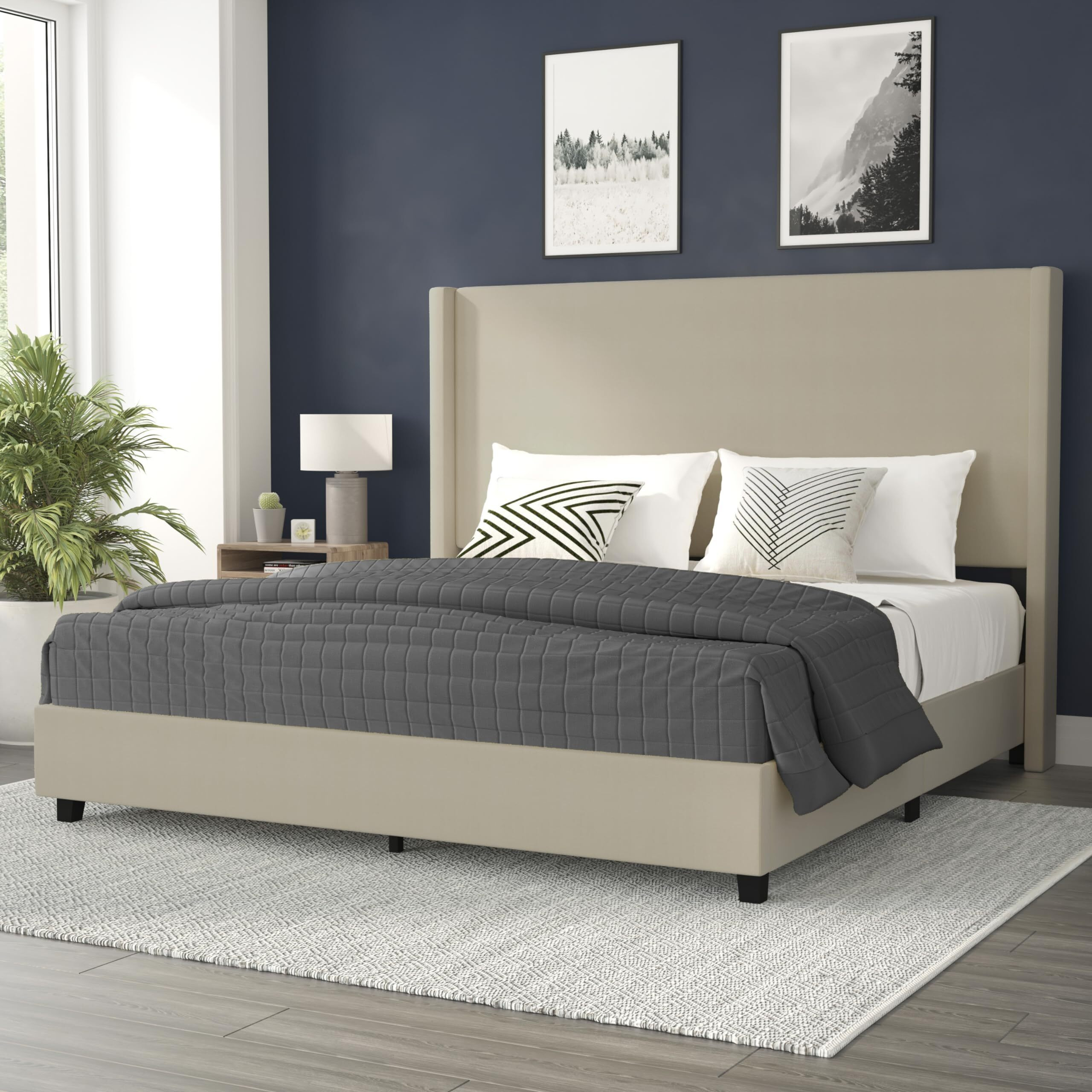 Flash Furniture Quinn Upholstered Platform Bed - Beige Channel Stitched Wingback Headboard - King - Mattress Foundation with Slatted Supports - No Box Spring Needed