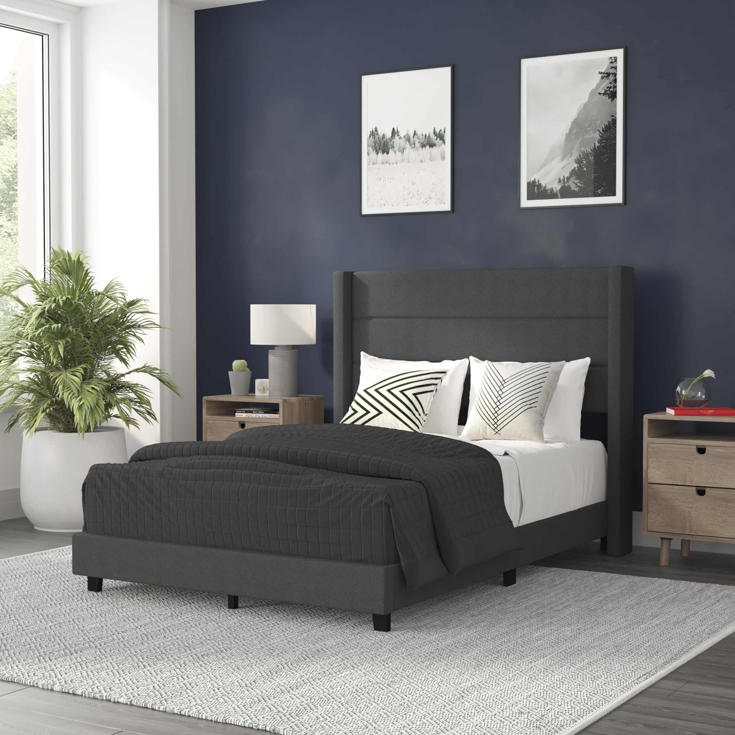 Flash Furniture Hollis Upholstered Platform Bed - Charcoal Faux Linen Wingback Headboard - Full - Mattress Foundation with Slatted Supports - No Box Spring Needed