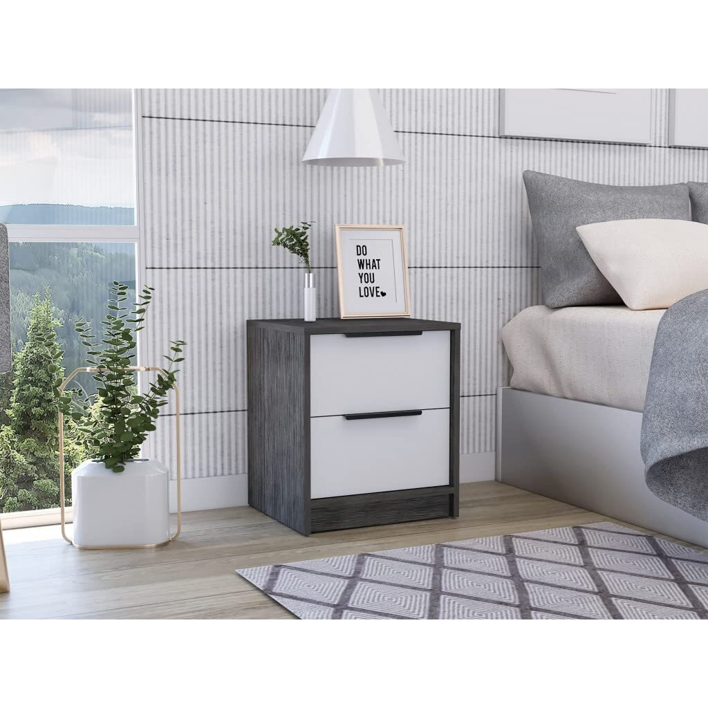 HomeRoots Smoky Oak/White Stylish Smokey Oak and White Two Drawer Nightstand