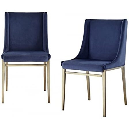 HomeRoots Velvet, Metal Set of Two Blue Velvet Antique Brass Contemporary Dining Chairs