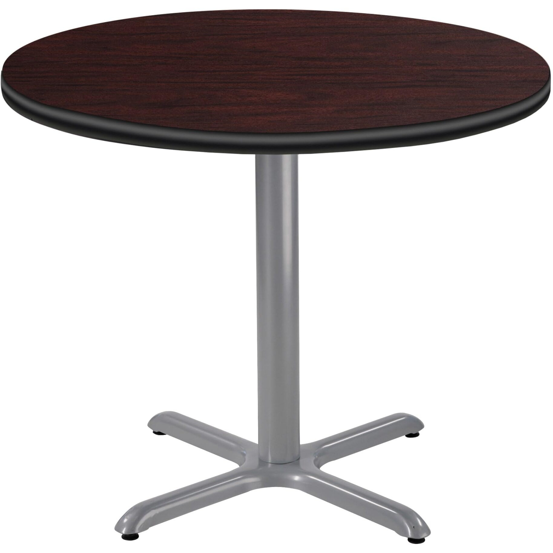 National Public Seating NPS 36  Round Cafe Table with X Base, 30  Height, Particleboard Core/T-Mold, Mahogany Top, Grey Frame