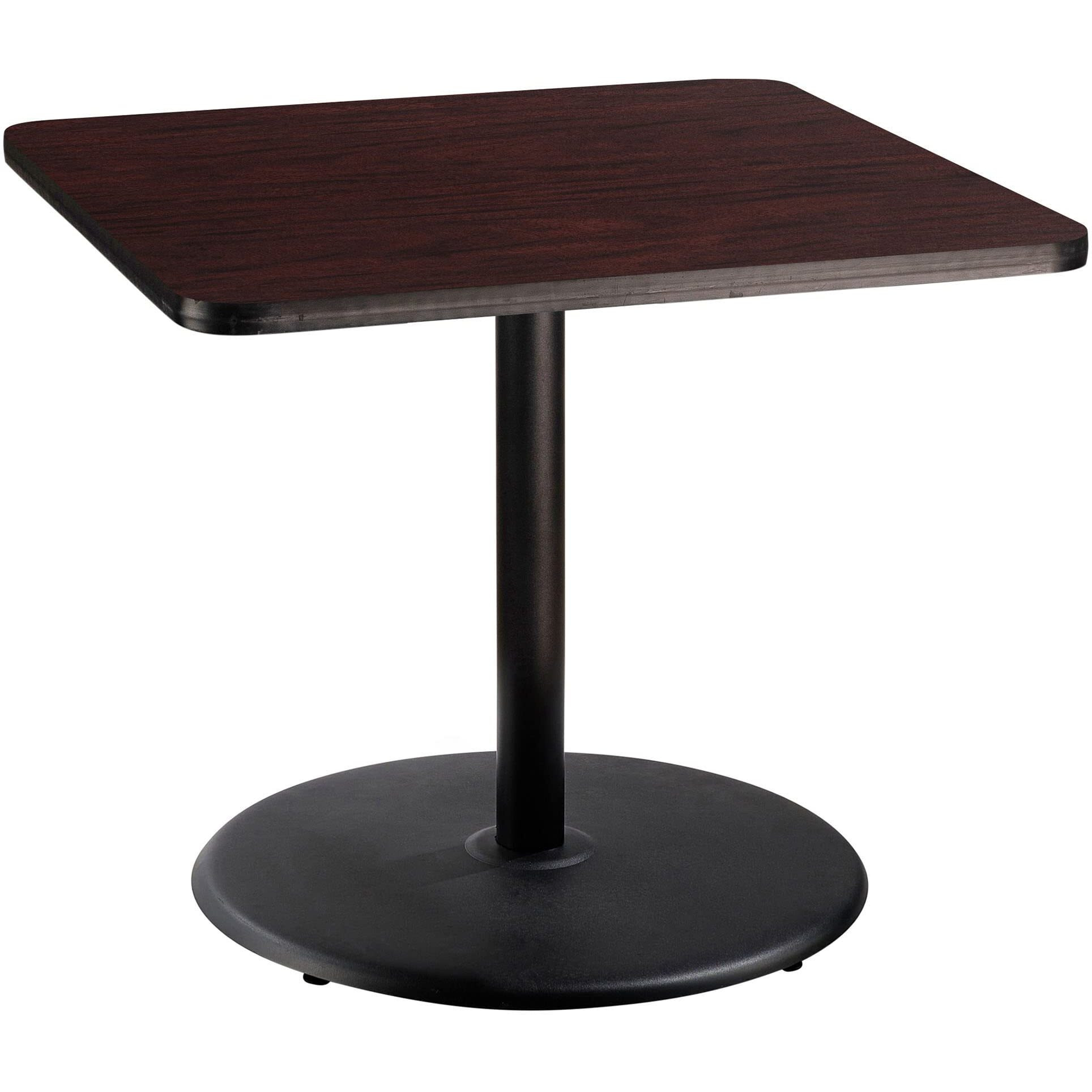 National Public Seating NPS 36  Square Cafe Table with Round Base, 30  Height, Particleboard Core/T-Mold, Mahogany Top, Black Frame