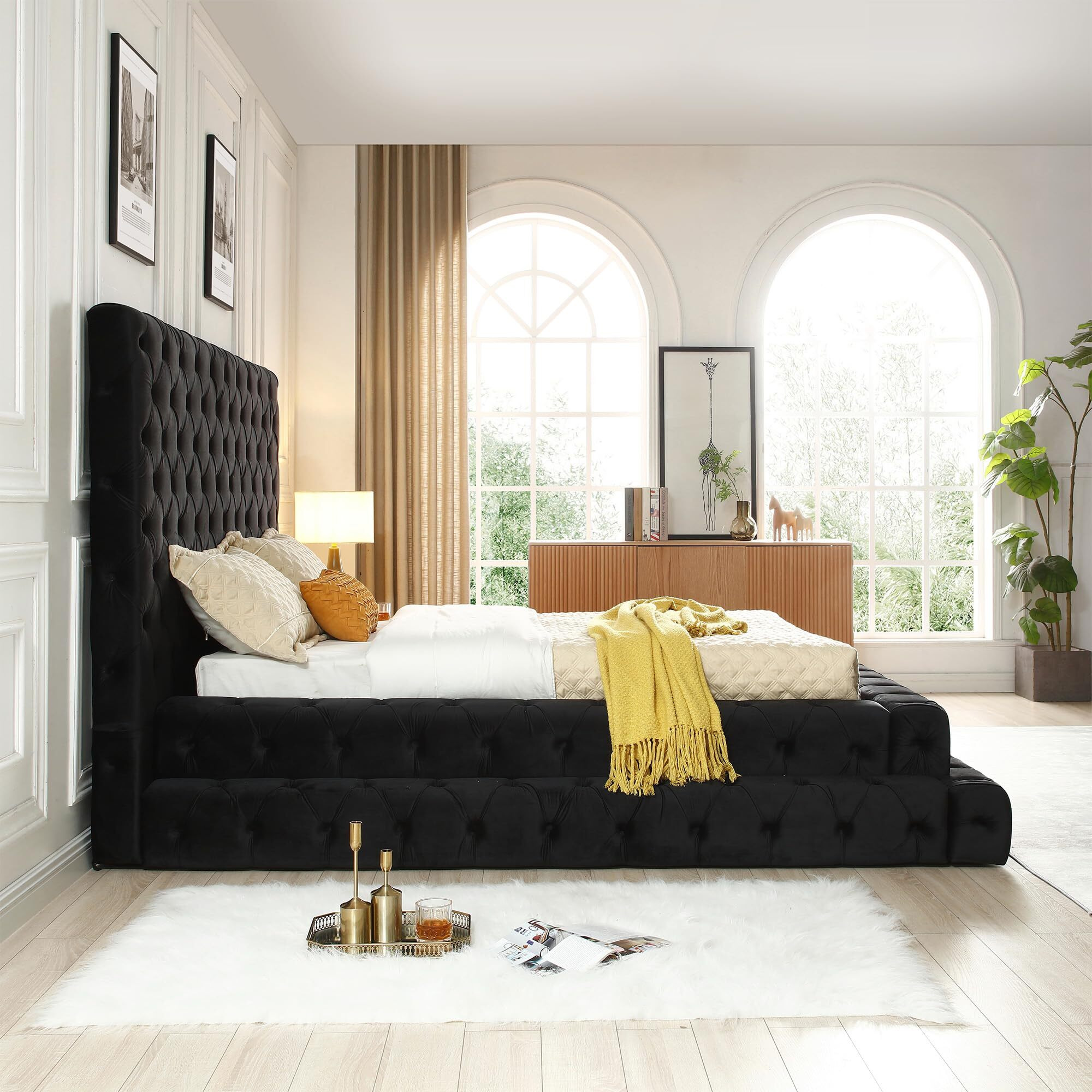 Better Home Products Eleonora Velvet King Bed - Luxurious Upholstered Design ith Deep Button Tufting in Black (Black, King)