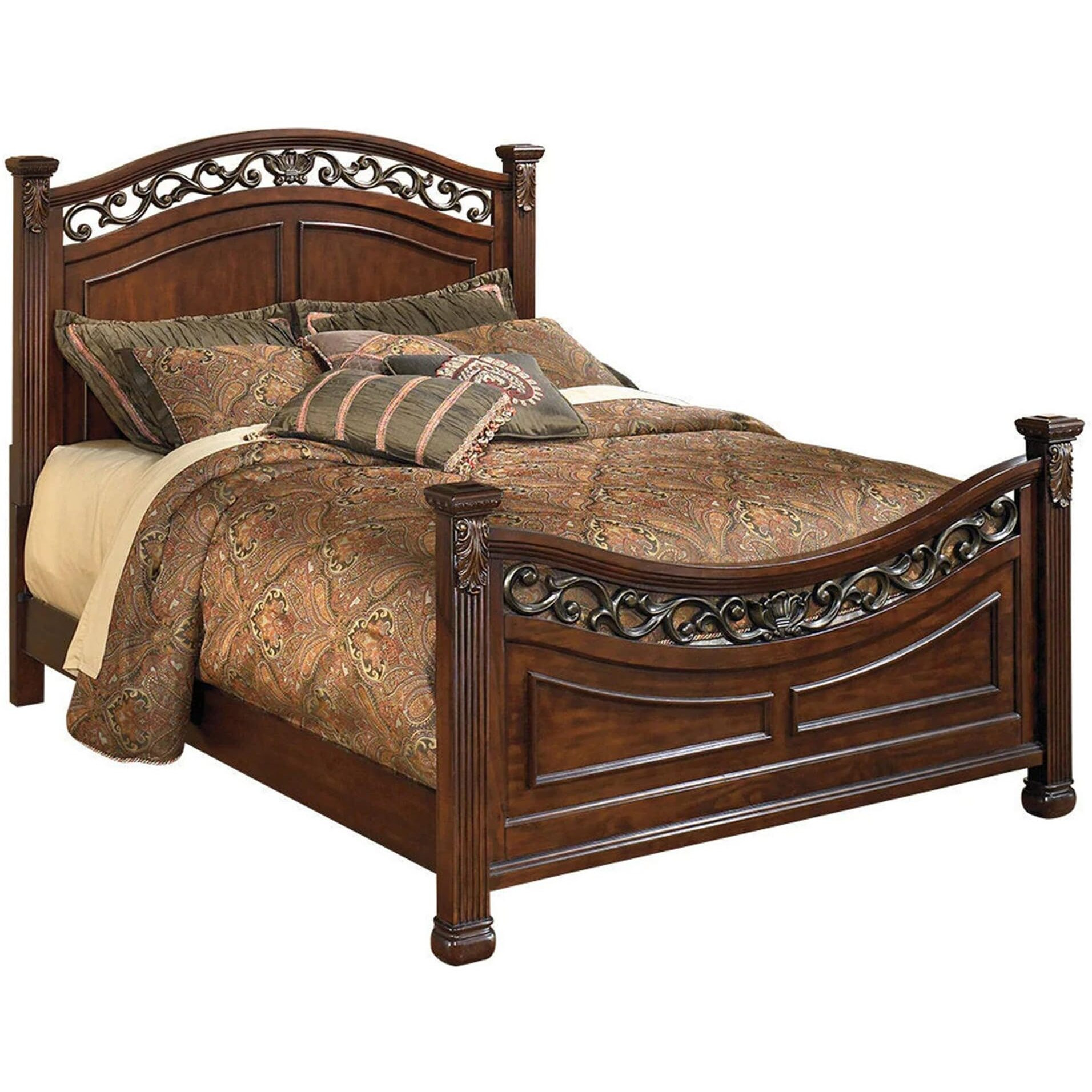 Benjara Aza Traditional Wood California King Bed, Leaf Carvings, Rich Cherry Bron