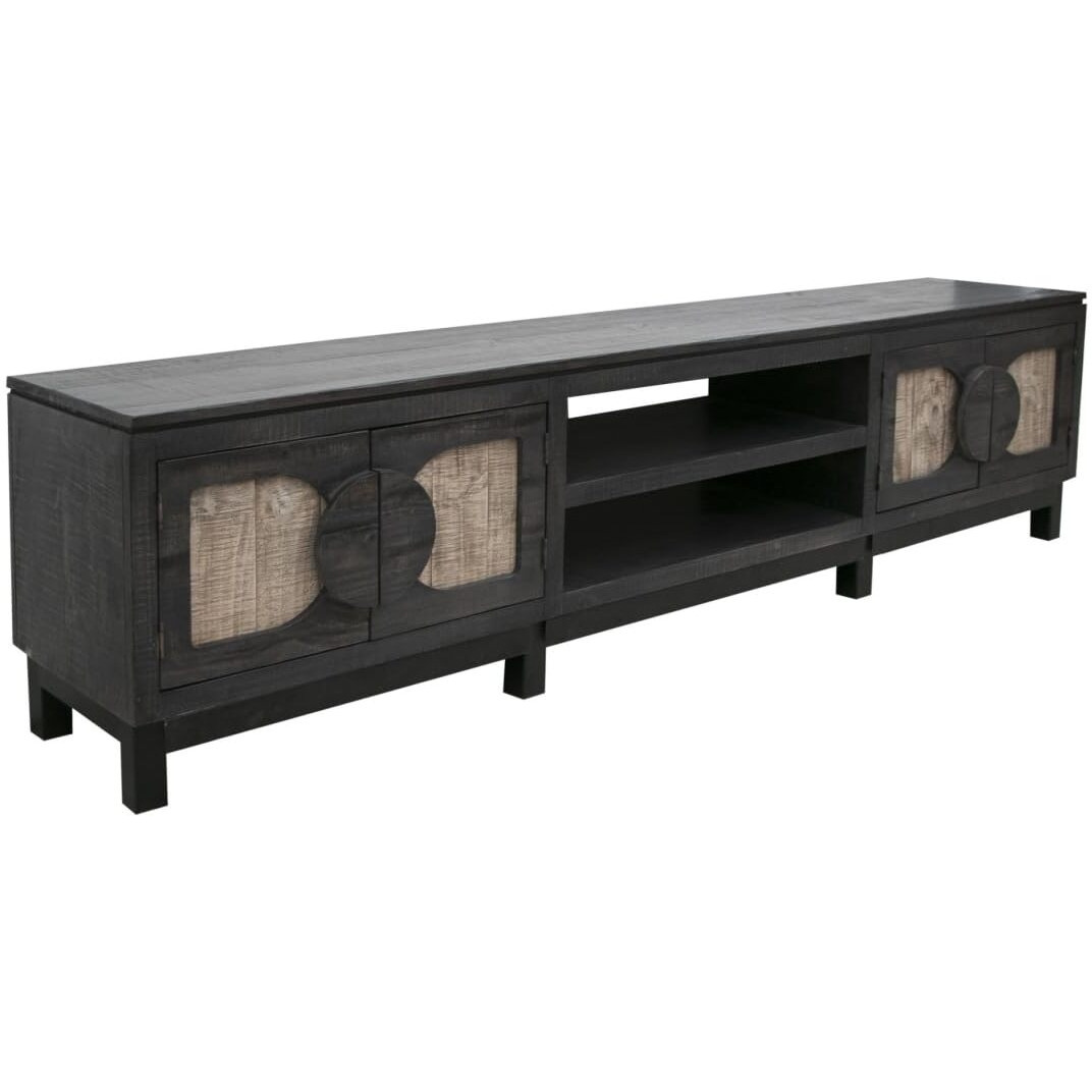 HomeRoots 528753 93 in. Solid Wood Cabinet Enclosed Storage Distressed TV Stand Black