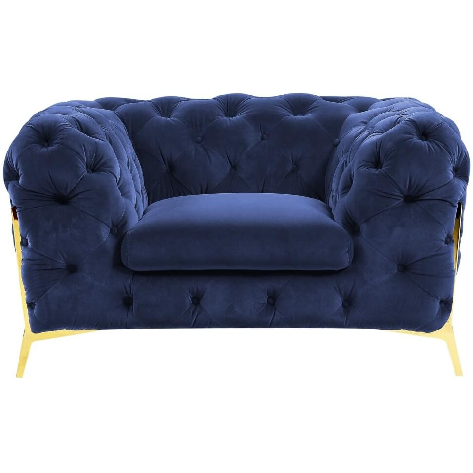 HomeRoots 482837 30 x 50 x 40 in. Blue Tufted Velvet & Gold Solid Color Lounge Chair