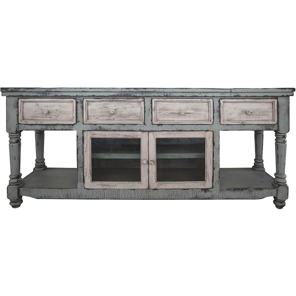 HomeRoots 528736 70 in. Solid Wood Open Shelving Distressed TV Stand Blue & White