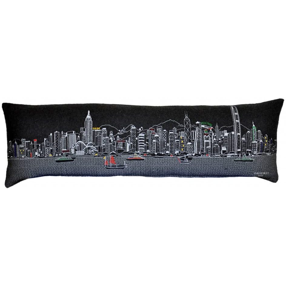 HomeRoots Grey 45  Black Hong Kong Nighttime Skyline Lumbar Decorative Pillow