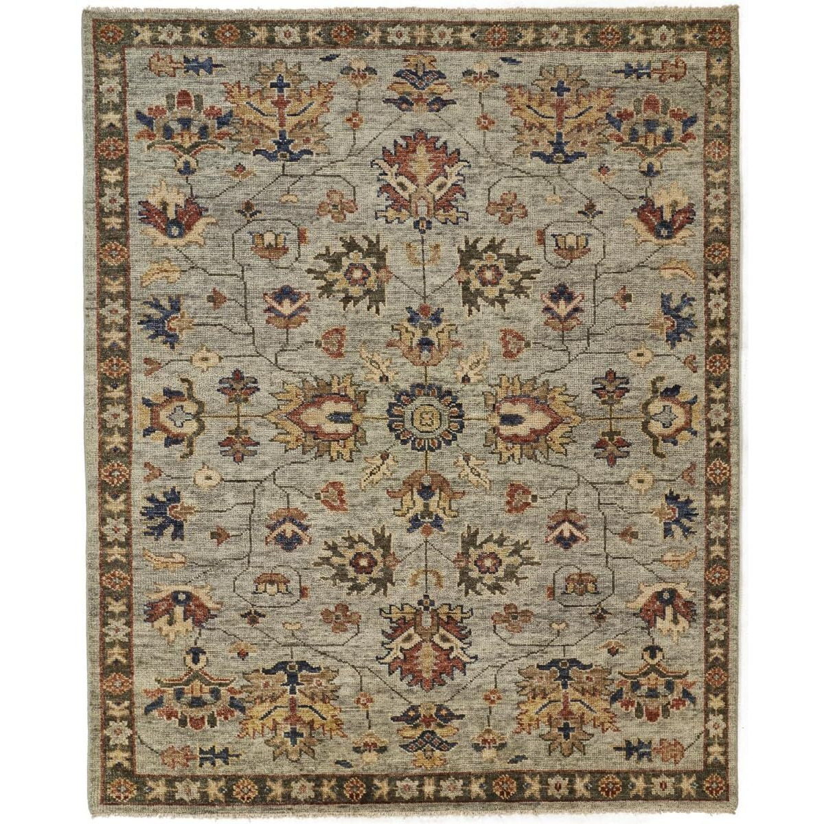 HomeRoots 512622 8 x 10 ft. Gray Gold & Red Wool Floral Hand Knotted Stain Resistant Rectangle Area Rug with Fringe