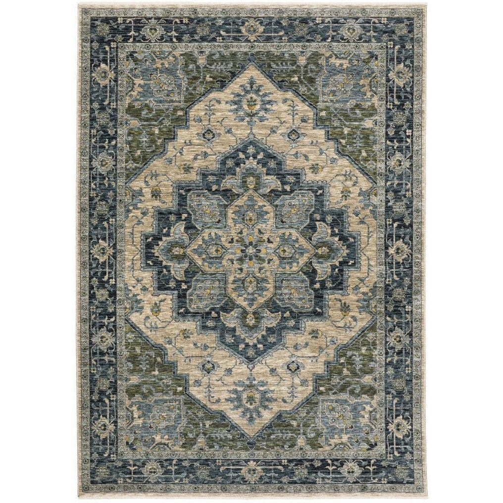 HomeRoots 508048 5 x 8 ft. Blue Gray Beige Tan Green & Gold Oriental Power Loom Stain Resistant Rectangle Area Rug with Fringe