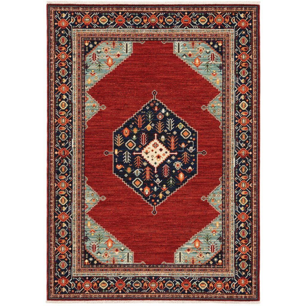 HomeRoots 509251 6 x 9 ft. Oriental Power Loom Rectangle Area Rug with Fringe Blue & Red