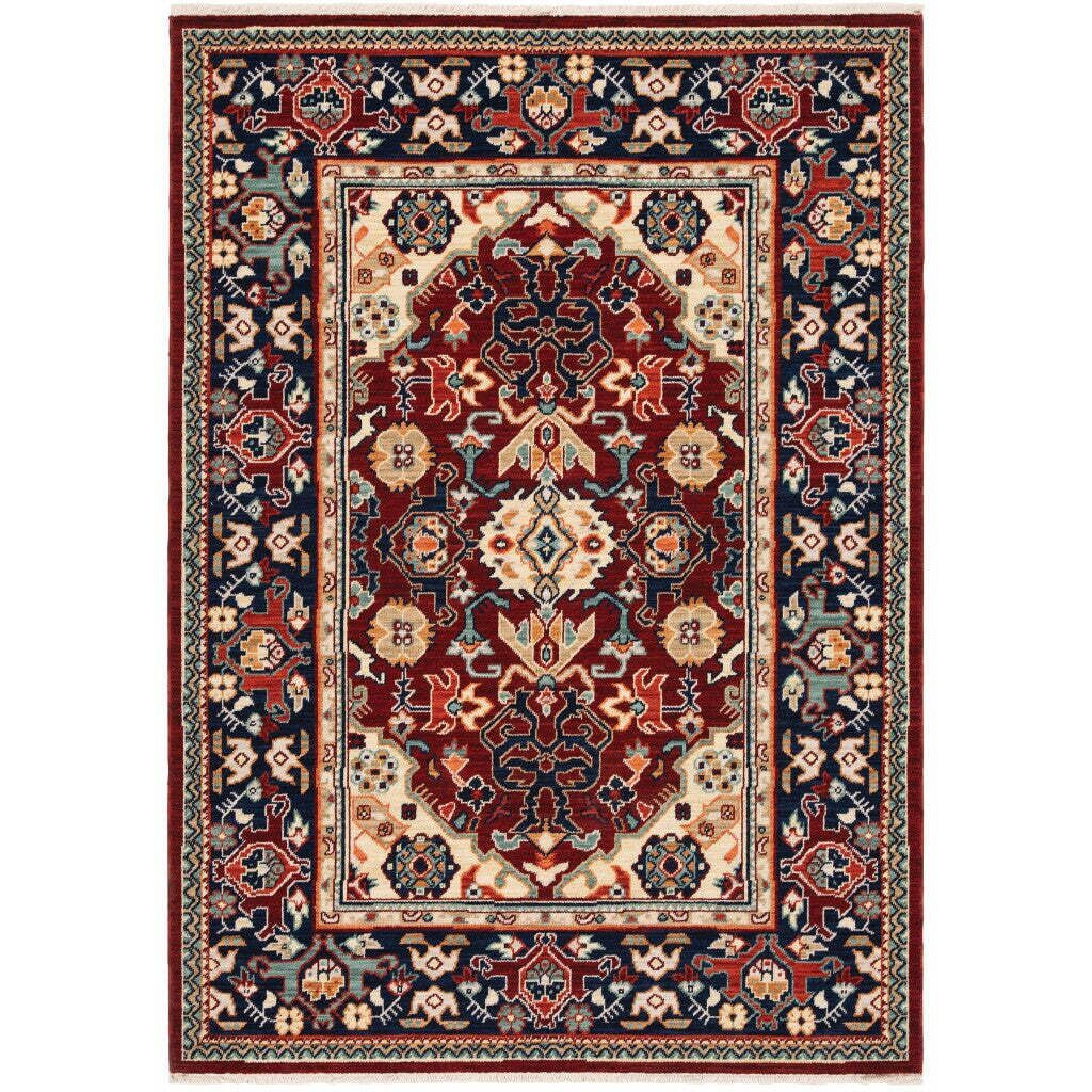 HomeRoots 509190 6 x 9 ft. Red Blue Orange & Beige Oriental Power Loom Stain Resistant Rectangle Area Rug with Fringe