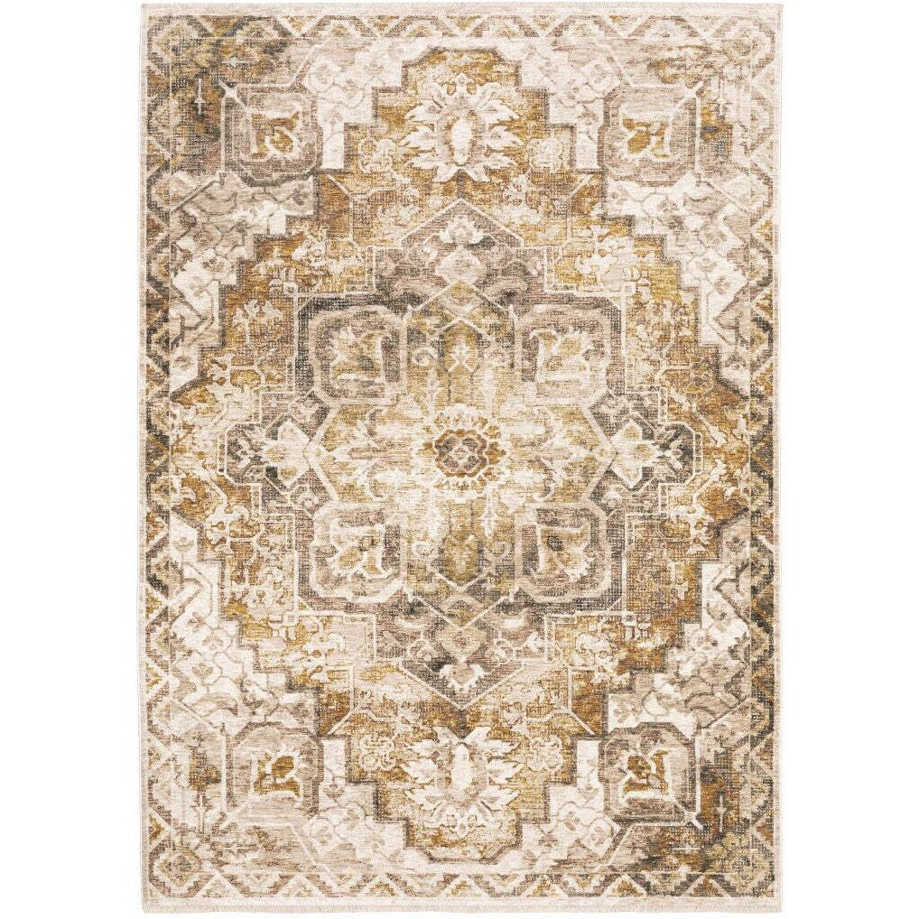 HomeRoots 509376 5 x 8 ft. Gold & Ivory Oriental Power Loom Stain Resistant Rectangle Area Rug with Fringe