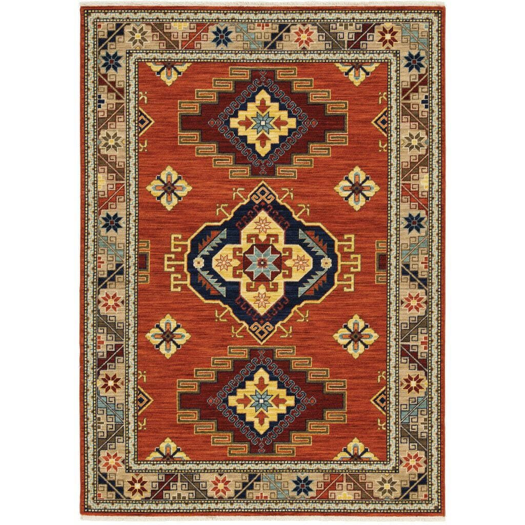 HomeRoots 509258 6 x 9 ft. Red Gold Blue Brown Oriental Power Loom Stain Resistant Rectangle Area Rug with Fringe