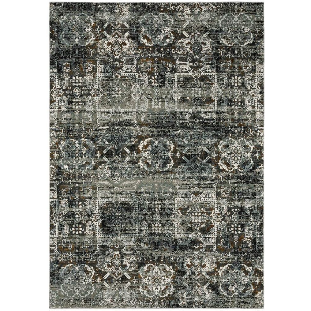 HomeRoots 508906 5 x 8 ft. Ivory Charcoal Gray Blue Rust Gold & Brown Oriental Power Loom Stain Resistant Rectangle Area Rug