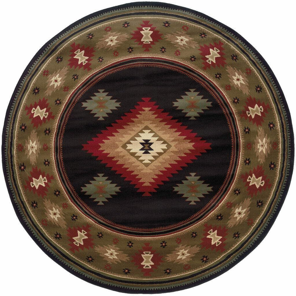 HomeRoots 509037 8 ft. Black Southwestern Power Loom Stain Resistant Round Area Rug