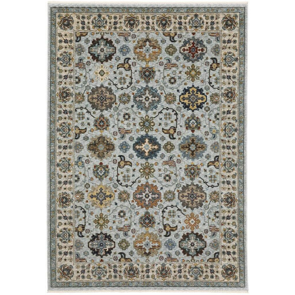 HomeRoots 508013 5 x 8 ft. Blue Beige Gray Green Yellow & Rust Oriental Power Loom Stain Resistant Rectangle Area Rug with Fringe