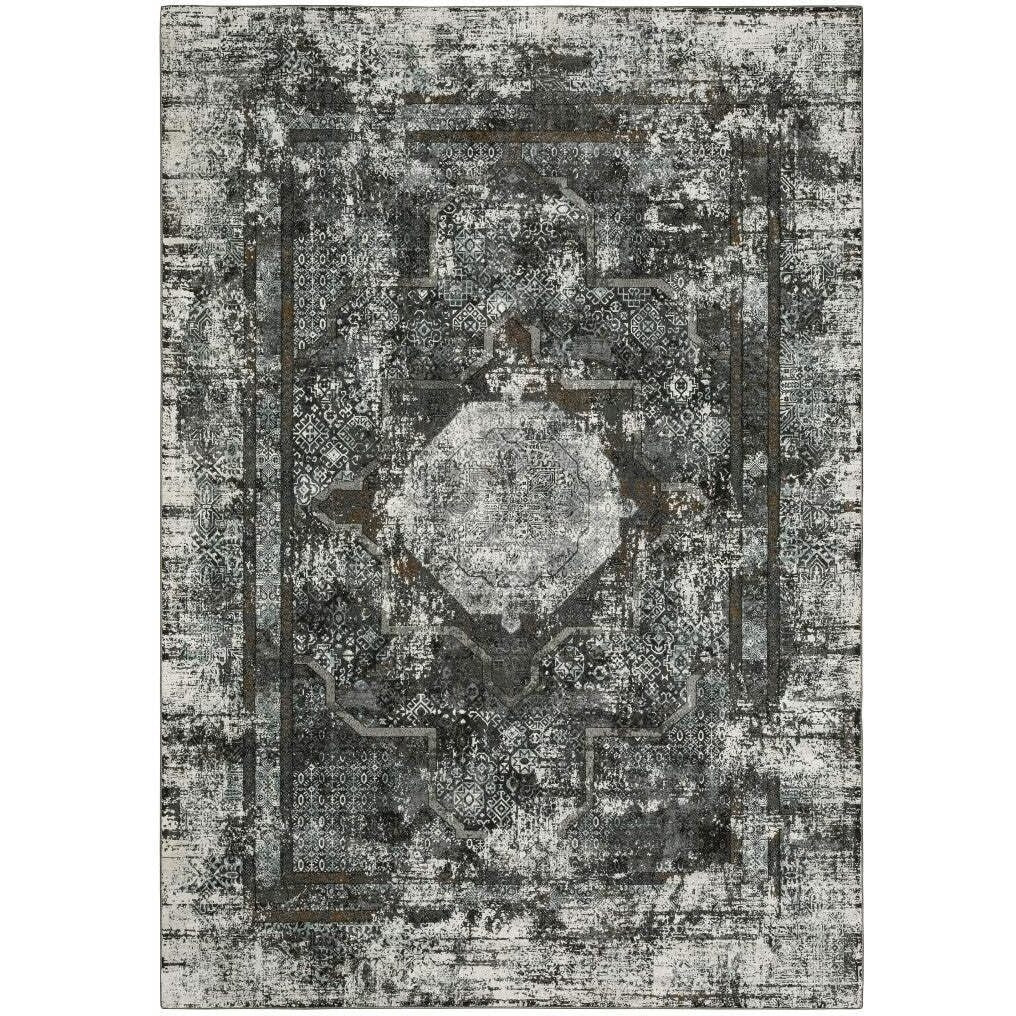 HomeRoots 508935 4 x 6 ft. Charcoal Rust Gray Blue Ivory & Brown Oriental Power Loom Stain Resistant Rectangle Area Rug