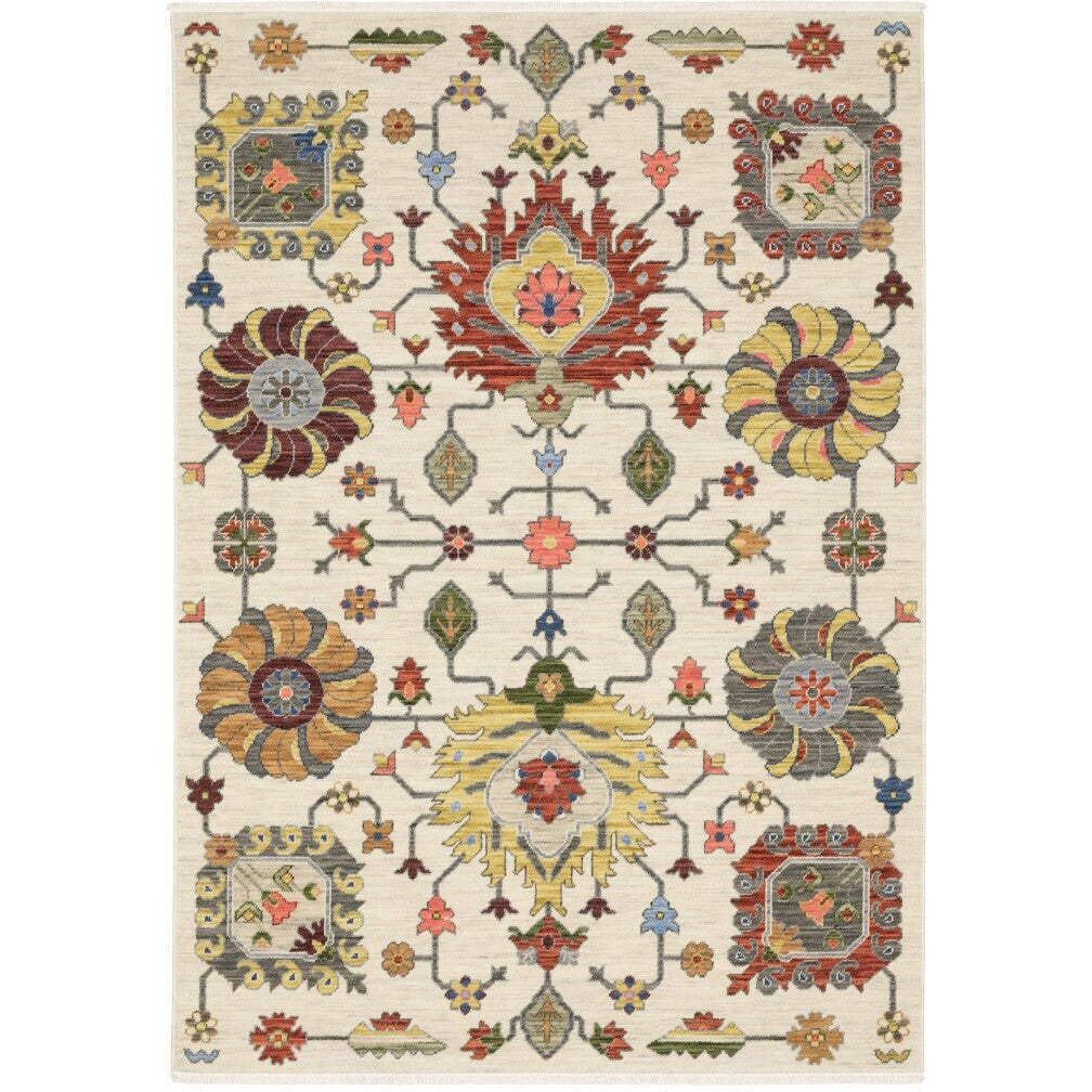 HomeRoots 509340 3 x 5 ft. Ivory Yellow Rust Green Gray Pink Orange Blue & Gray Oriental Power Loom Stain Resistant Rectangle Area Rug with Fringe