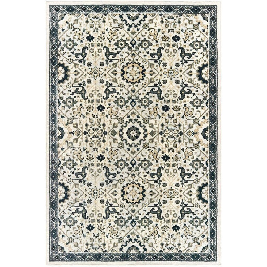 HomeRoots 508363 4 x 6 ft. Ivory Navy & Gold Oriental Power Loom Stain Resistant Rectangle Area Rug