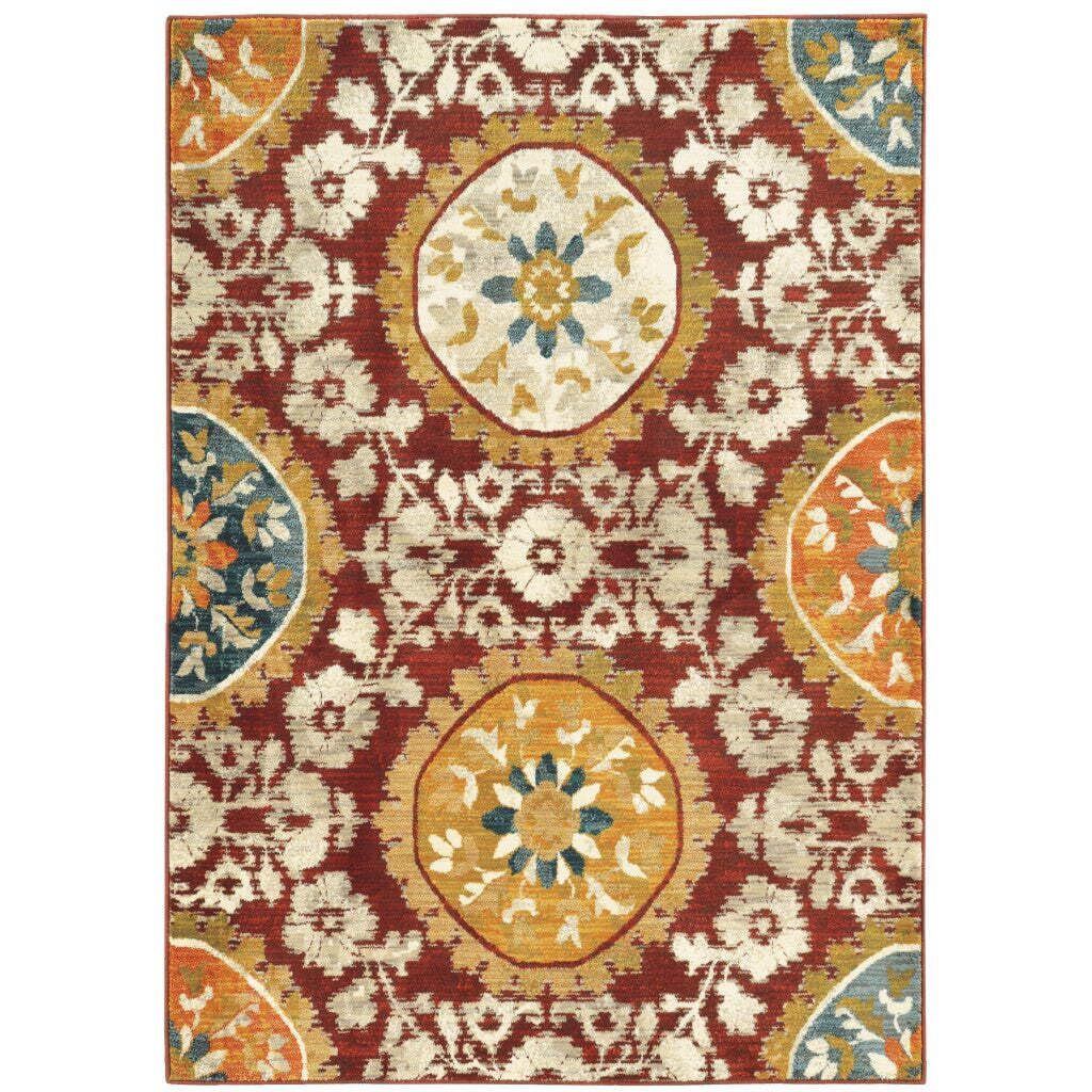 HomeRoots 510726 6 x 9 ft. Red Gold Teal Gray Ivory & Blue Oriental Power Loom Stain Resistant Rectangle Area Rug