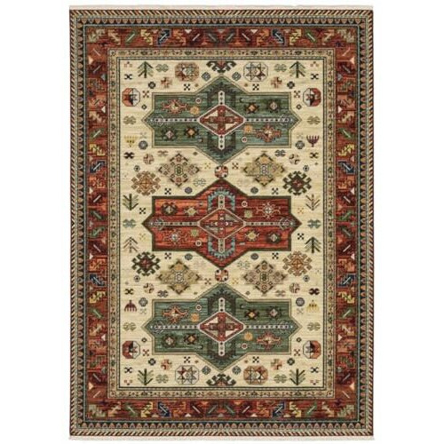 HomeRoots 509261 2 x 3 ft. Brick Red Orange Rust Beige Gold Pale Blue Olive Navy & Black Oriental Power Loom Stain Resistant Rectangle Area Rug with Fringe