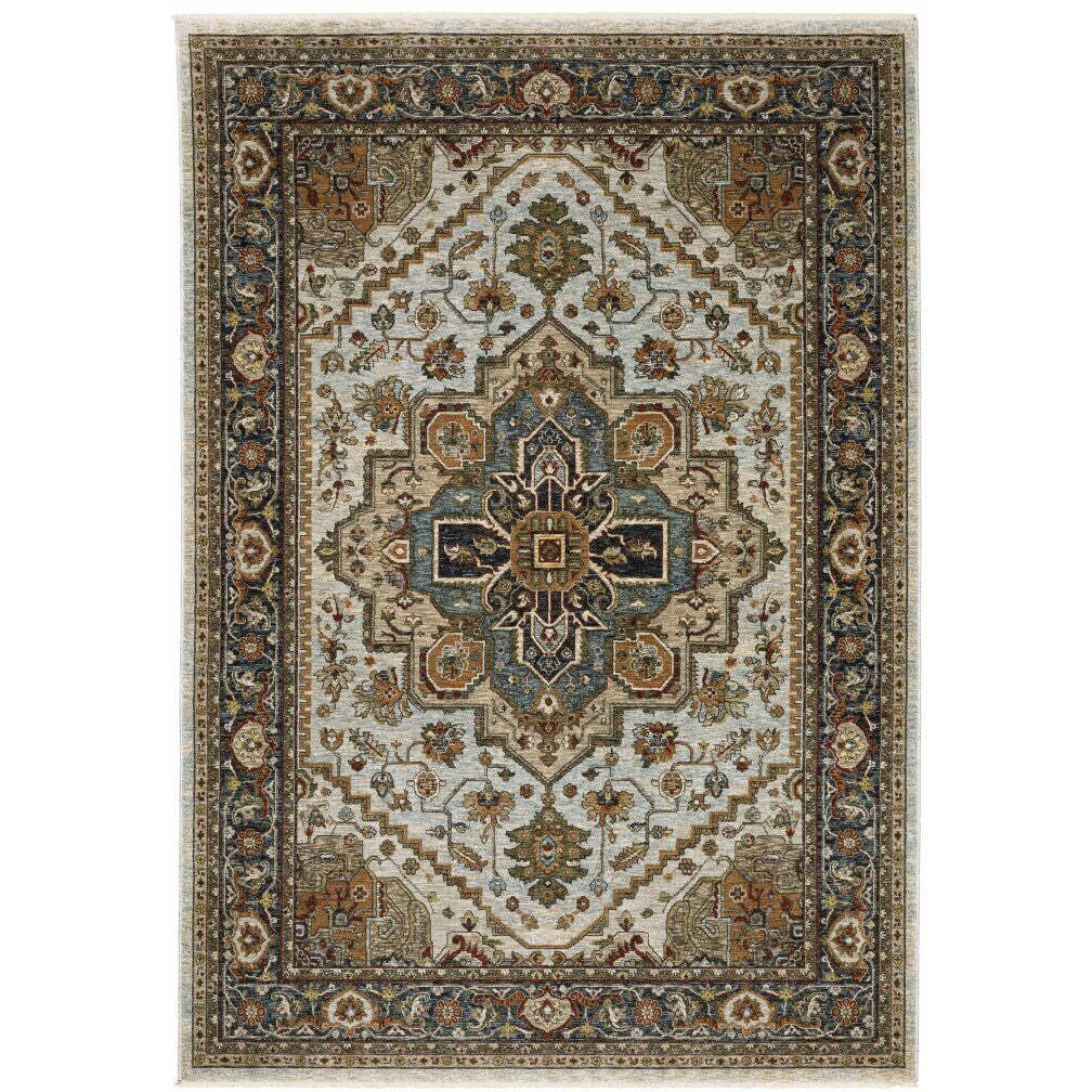 HomeRoots 508076 5 x 8 ft. Ivory Beige Blue Orange Gold Green Gray & Rust Oriental Power Loom Stain Resistant Rectangle Area Rug with Fringe