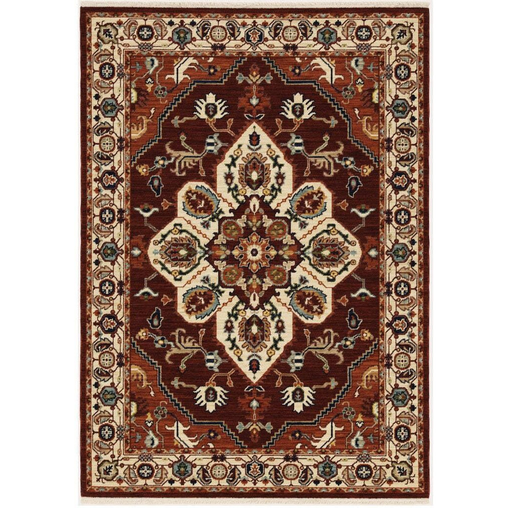 HomeRoots 509245 8 x 11 ft. Red Ivory Orange & Blue Oriental Power Loom Stain Resistant Rectangle Area Rug with Fringe