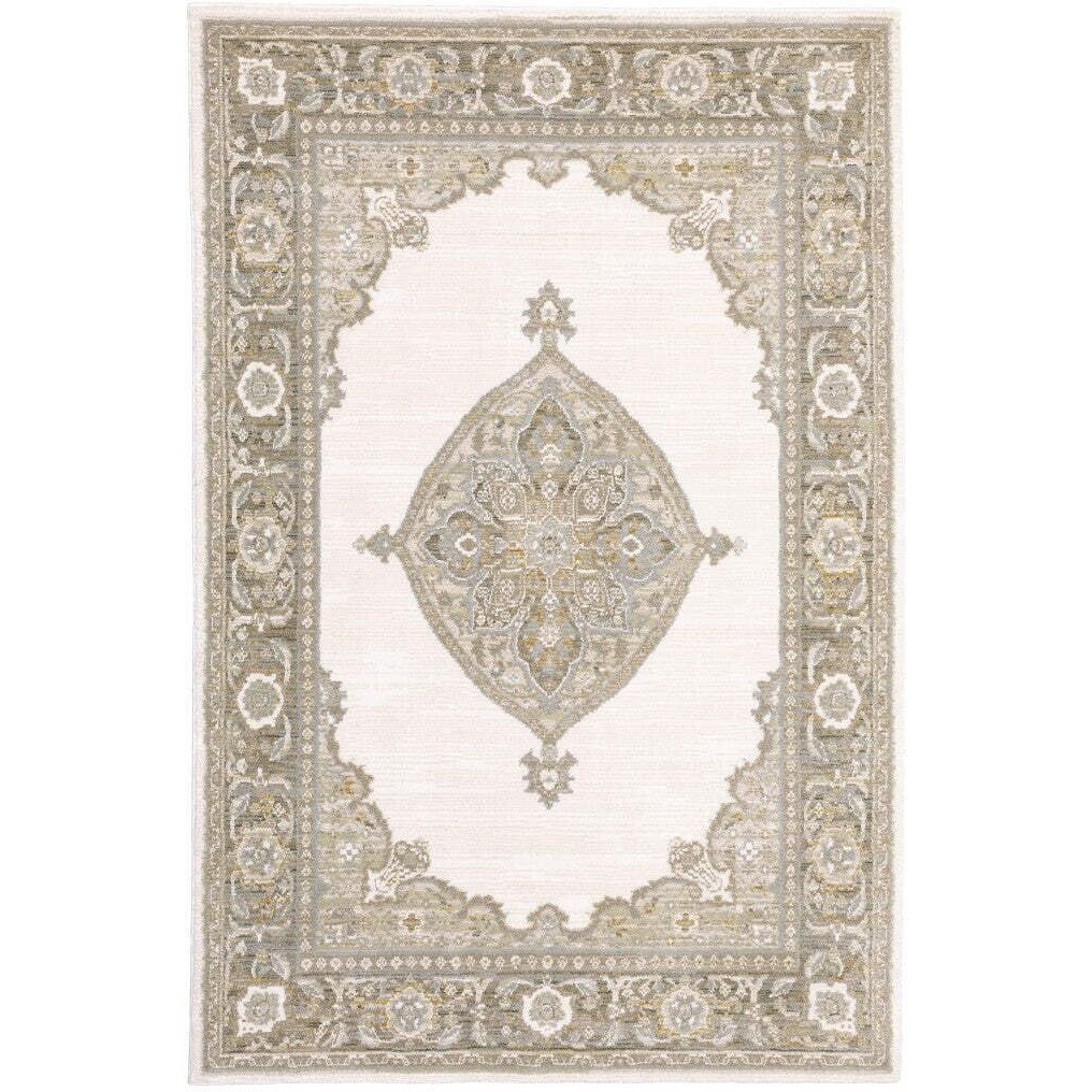 HomeRoots 510148 8 x 10 ft. Beige Ivory Tan Gold Gray & Green Oriental Power Loom Stain Resistant Rectangle Area Rug