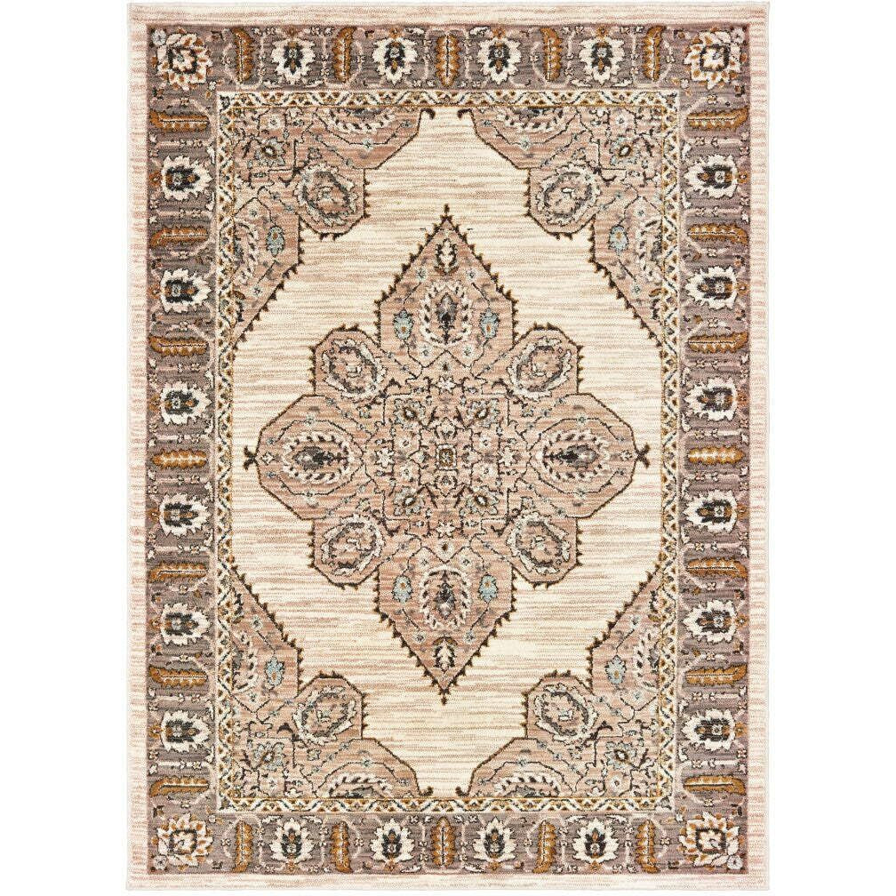 HomeRoots 510786 8 x 11 ft. Ivory Gold Gray & Blue Oriental Power Loom Stain Resistant Rectangle Area Rug