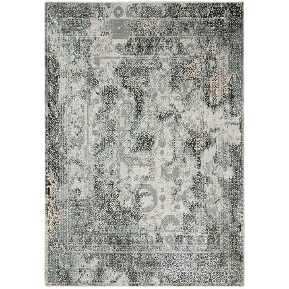 HomeRoots 508912 5 x 8 ft. Ivory Gray Charcoal Blue & Rust Oriental Power Loom Stain Resistant Rectangle Area Rug