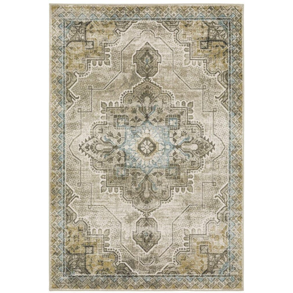 HomeRoots 509873 4 x 6 ft. Gray Blue Beige & Gold Oriental Power Loom Stain Resistant Rectangle Area Rug