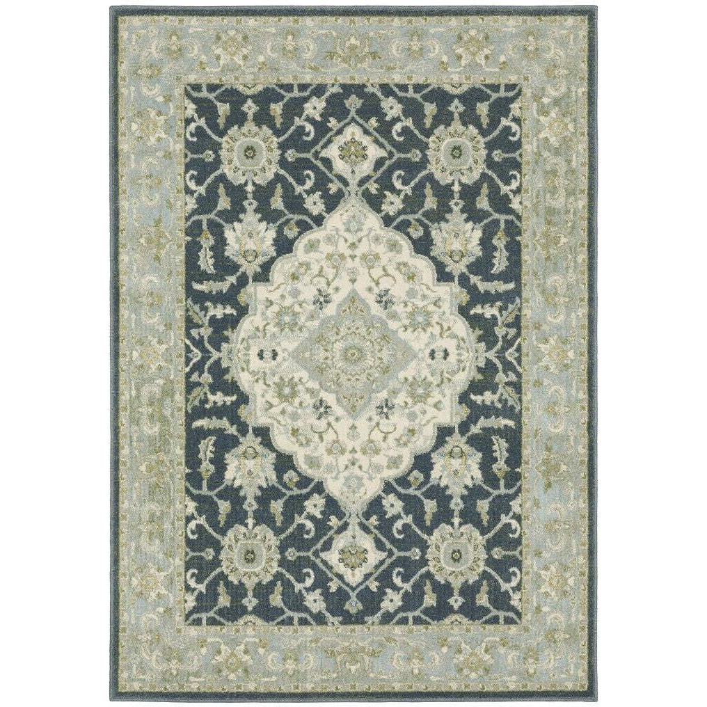 HomeRoots 508452 5 x 7 ft. Teal Blue Ivory Green & Gray Oriental Power Loom Stain Resistant Rectangle Area Rug