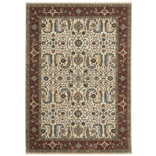 HomeRoots 507987 8 x 11 ft. Ivory Red Green Gray Blue & Navy Oriental Power Loom Stain Resistant Rectangle Area Rug with Fringe