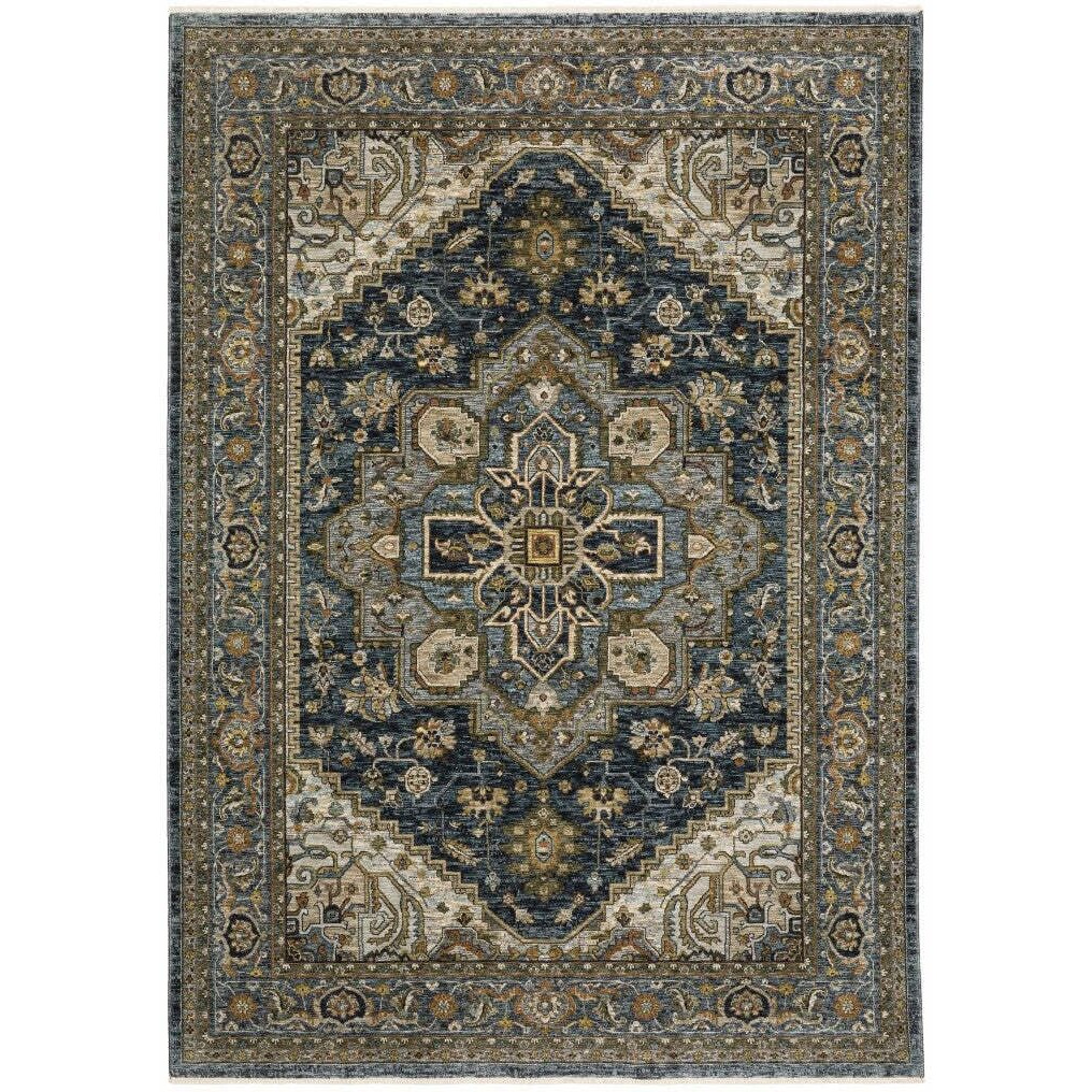 HomeRoots 508062 5 x 8 ft. Blue & Green Oriental Power Loom Rectangle Area Rug with Fringe