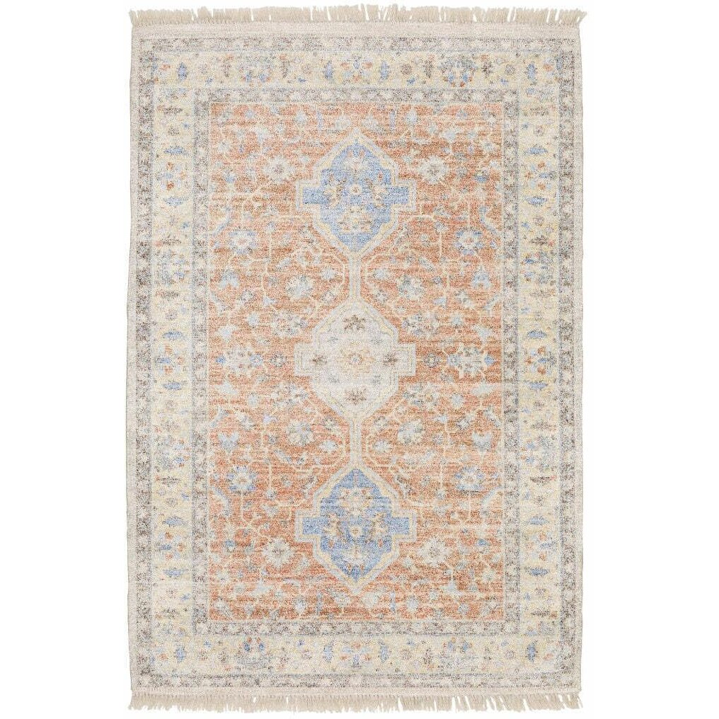 HomeRoots 509463 5 x 8 ft. Orange & Blue Oriental Hand Loomed Stain Resistant Rectangle Area Rug with Fringe