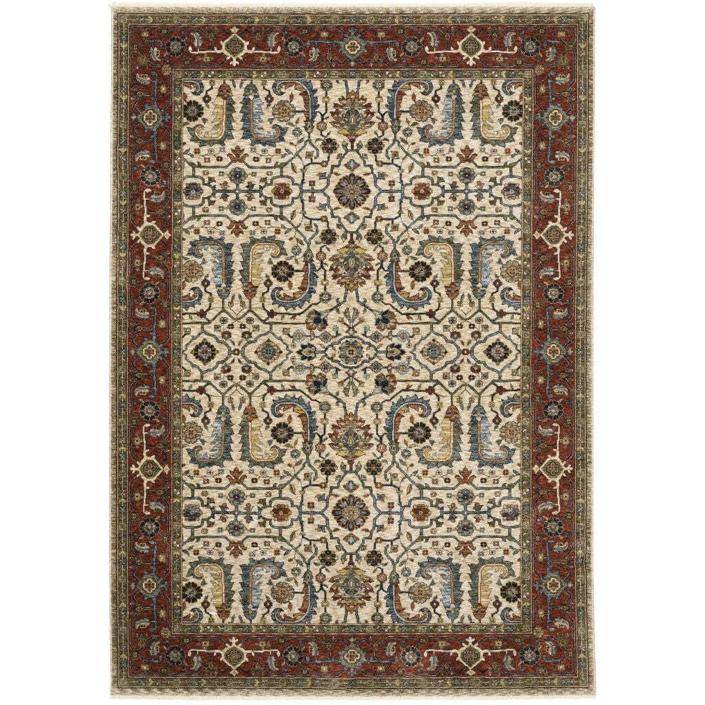 HomeRoots 507985 5 x 8 ft. Ivory Red Green Gray Blue & Navy Oriental Power Loom Stain Resistant Rectangle Area Rug with Fringe