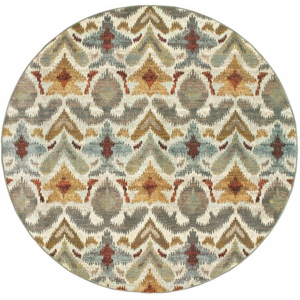 HomeRoots 510677 8 ft. Ivory Gray Rust Gold & Blue Abstract Power Loom Stain Resistant Round Area Rug