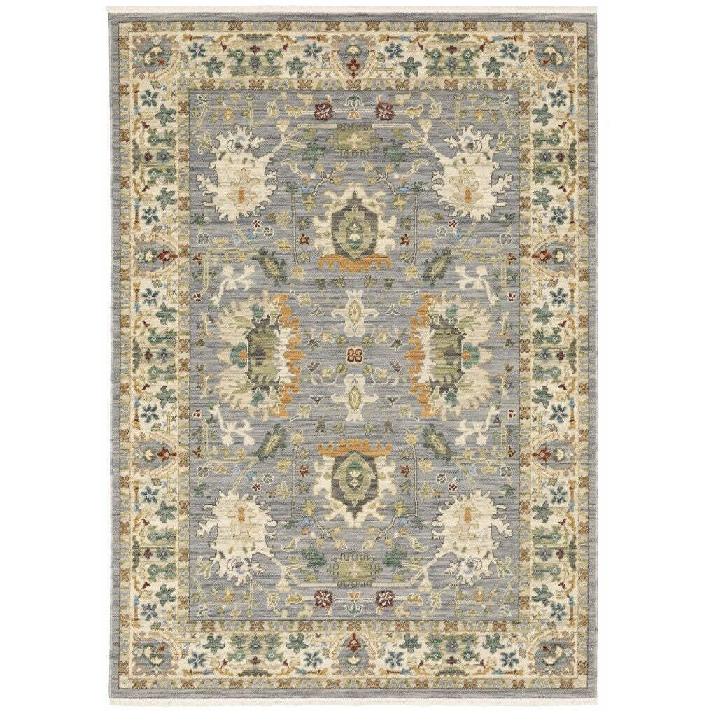 HomeRoots 509292 5 x 8 ft. Blue & Ivory Oriental Power Loom Stain Resistant Rectangle Area Rug with Fringe