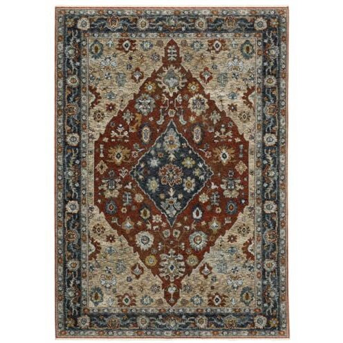 HomeRoots 508055 5 x 8 ft. Blue Beige Tan Brown Gold & Rust Red Oriental Power Loom Stain Resistant Rectangle Area Rug with Fringe